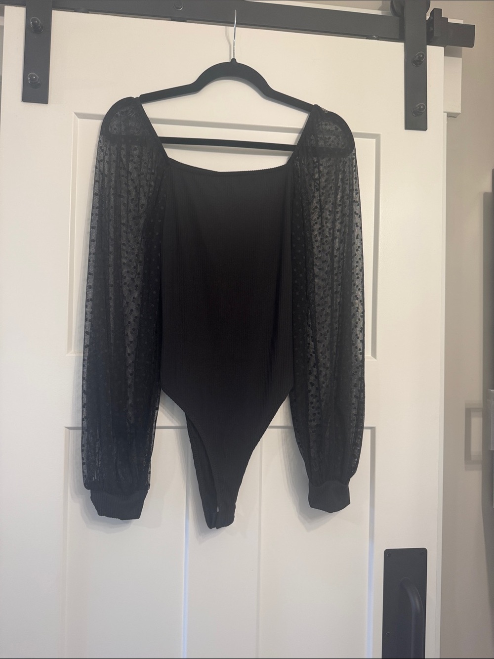 Pink Lily Black Sheer Puff-Sleeve Bodysuit